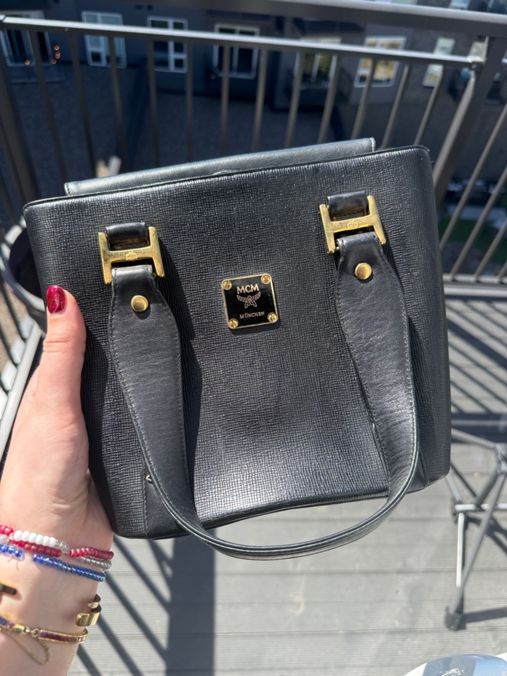 MCM Black Leather Munchen Studded Satchel Tote Bag